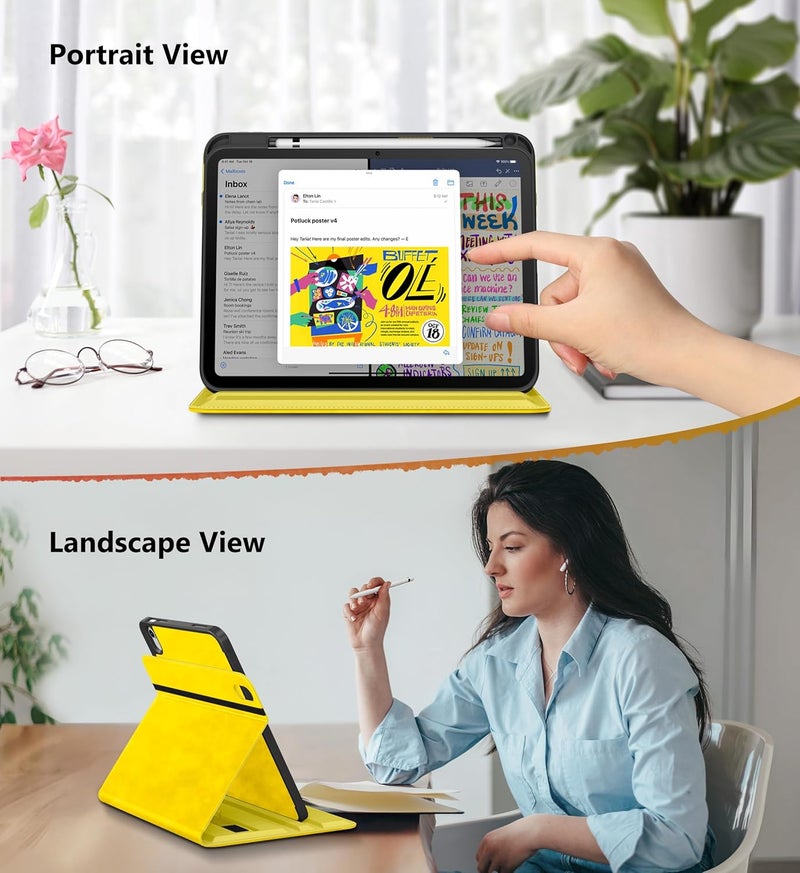 DTTO for iPad A16 Case, iPad 11th / 10th Generation Case (2025/2022), 360 Degree Rotating Premium Leather Folio Stand Cover with Pencil Holder, Yellow - Image 3